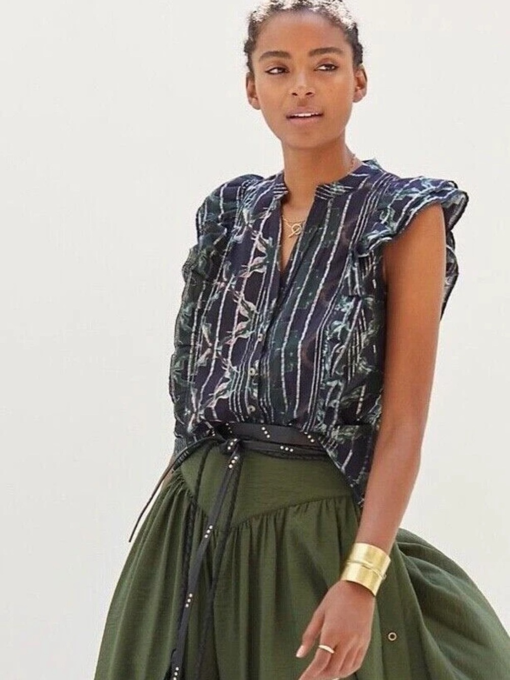 Anthropologie Ruffled Buttondown By Pilcro Small Black Motif